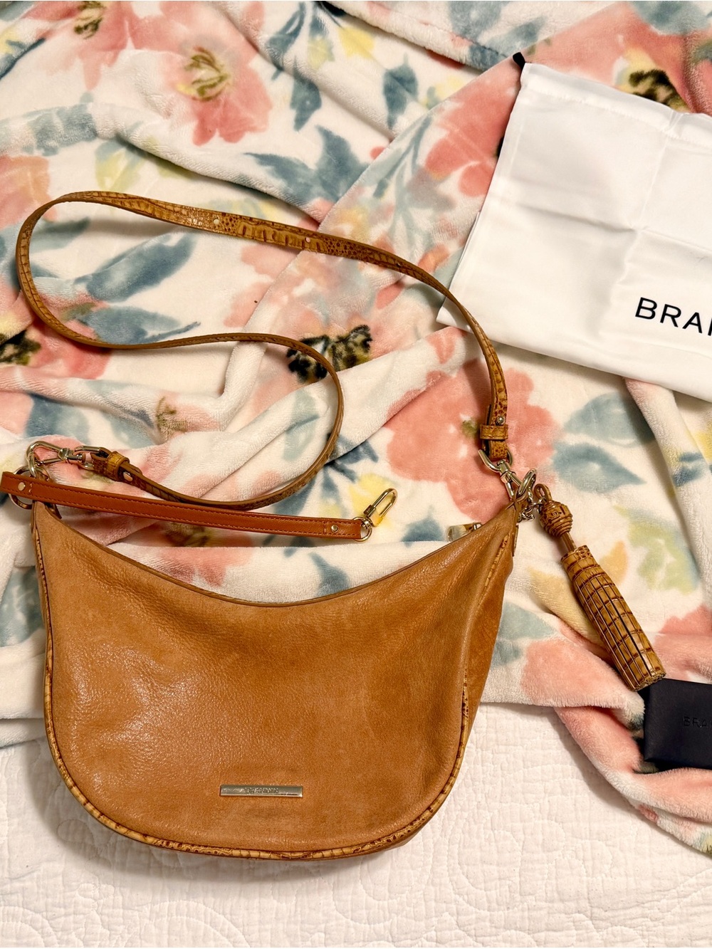 Brahmin Percy Crossbody Saddle-Style Shoulder Bag in Warm Tan Leather